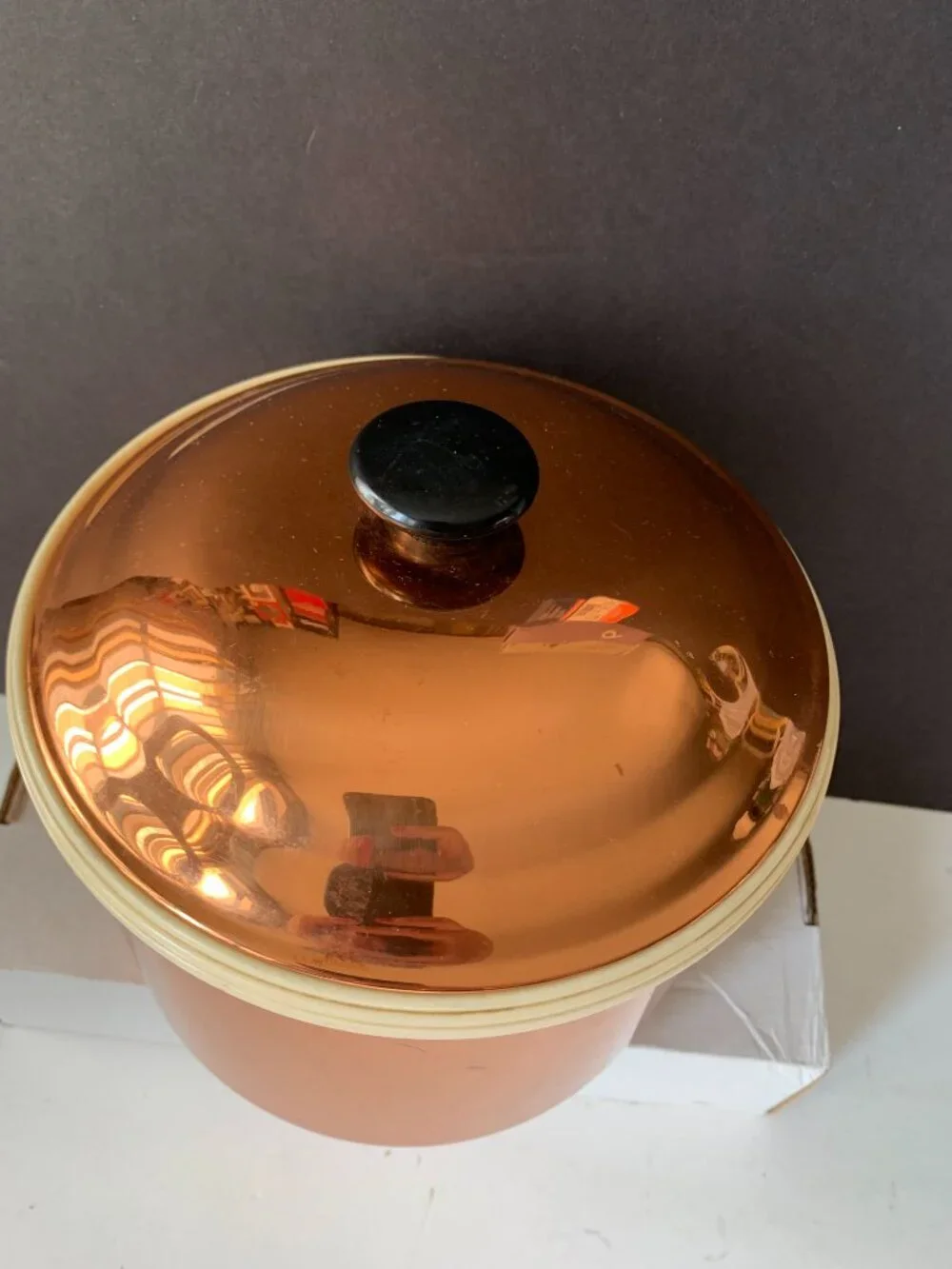 Vintage Coppercraft Guild Copper Ice Bucket w/Lid Brass Lion Head Handles USA